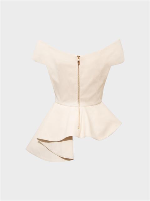 Asimetrik Volan Detaylı Omuzsuz Bustiyer Bluz - Ekru