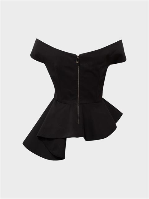 Asimetrik Volan Detaylı Omuzsuz Bustiyer Bluz - Siyah