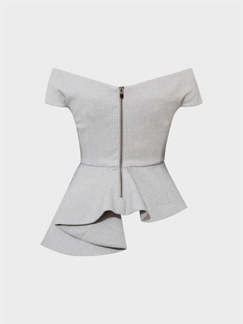 Çapraz Kayık Yaka Düğmeli Bluz - Gri Çizgili