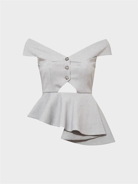 Çapraz Kayık Yaka Düğmeli Bluz - Gri Çizgili