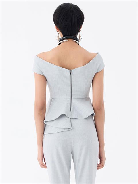 Çapraz Kayık Yaka Düğmeli Bluz - Gri Çizgili