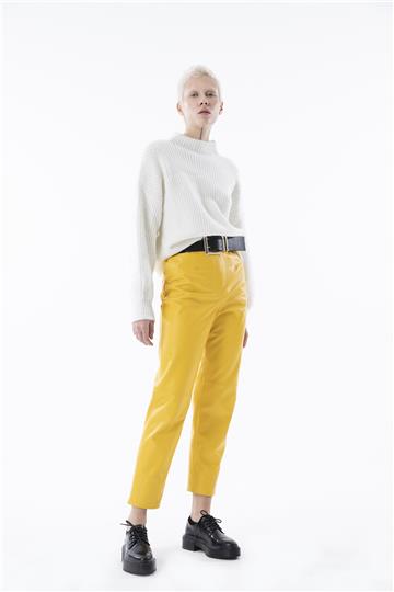Cep Detaylı Parçalı Deri Pantolon - Sarı