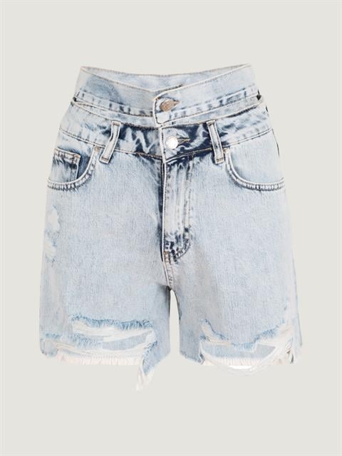 Çift Bel Kemerli Eskitmeli Jean Şort - Light Indigo