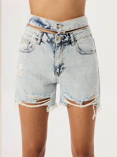 Çift Bel Kemerli Eskitmeli Jean Şort - Light Indigo