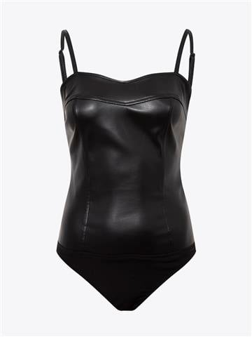 Çıtçıtlı Askılı Vegan Deri Body - Siyah