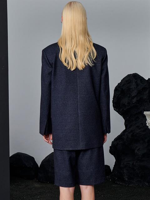 Çizgili Oversize Kesim Ceket - Lacivert