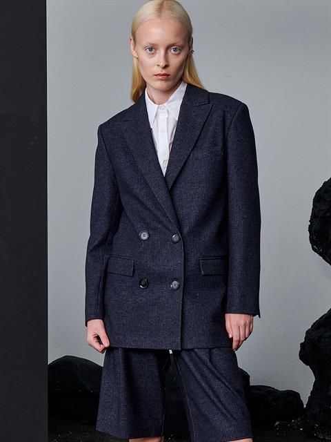 Çizgili Oversize Kesim Ceket - Lacivert