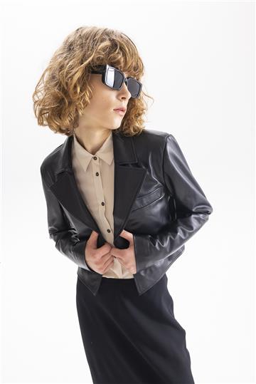 Crop Deri Ceket - Siyah
