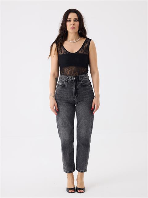 Dantel Bisiklet Yaka Body - Siyah