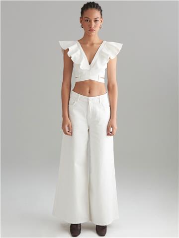 Jean Fırfırlı Büstiyer - Beyaz