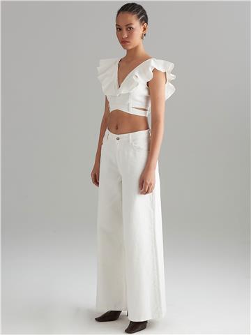 Jean Fırfırlı Büstiyer - Beyaz