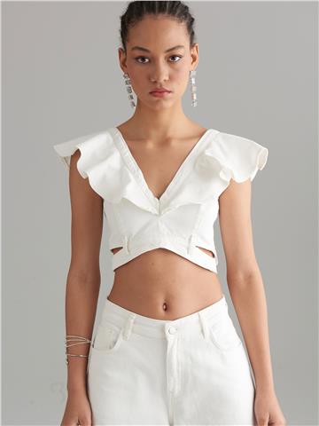 Jean Fırfırlı Büstiyer - Beyaz