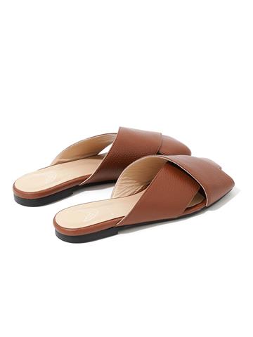 Deri Çarpraz Geçiş Düz Terlik - Taba