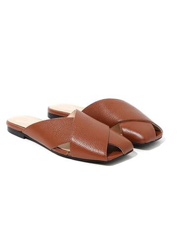 Cross Detailed Leather Flat Slippers - Brown