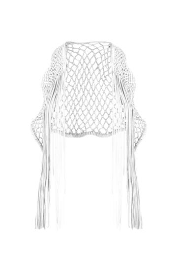 Deri Püsküllü Yelek - Beyaz