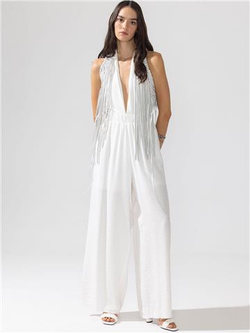 Deri Püsküllü Yelek - Beyaz