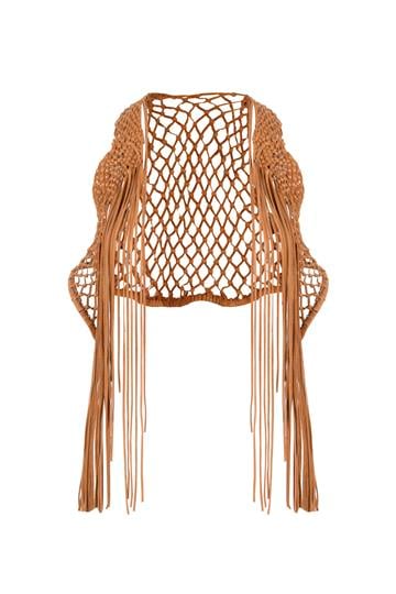 Deri Püsküllü Yelek - Taba