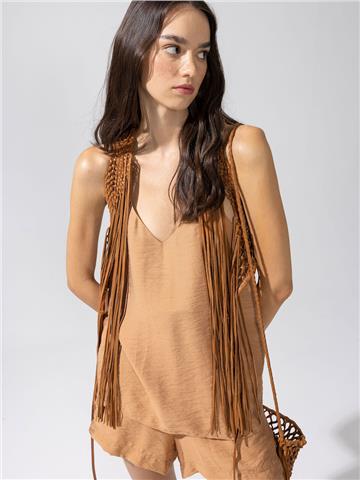 Deri Püsküllü Yelek - Taba