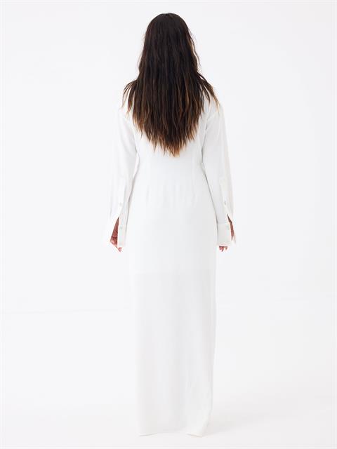 Derin V Yaka Önü Büzgülü Maxi Boy Elbise - Beyaz