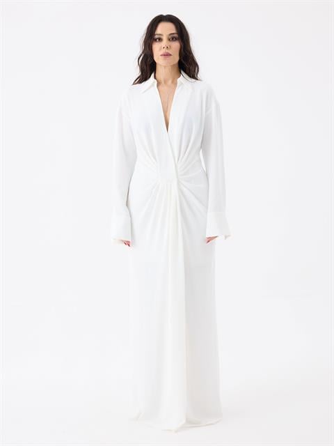 Derin V Yaka Önü Büzgülü Maxi Boy Elbise - Beyaz