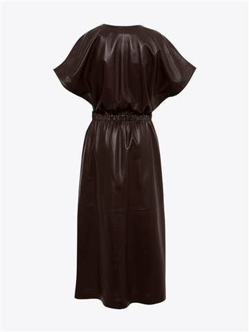 Derin Yaka Yırtmaçlı Deri Elbise - Kahve