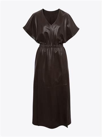 Derin Yaka Yırtmaçlı Deri Elbise - Kahve