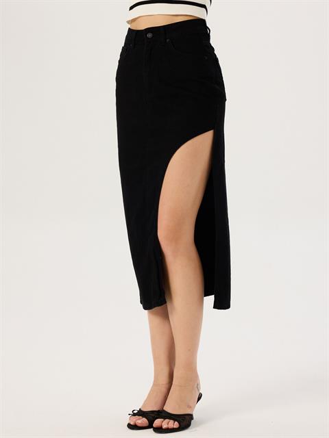 Derin Yırtmaçlı Jean Etek - Siyah