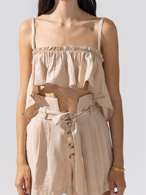 Düğmeli Kuşaklı Yüksek Bel Rahat Kesim Şort - Bej