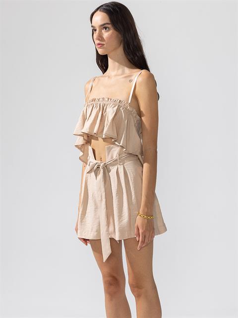 Düğmeli Kuşaklı Yüksek Bel Rahat Kesim Şort - Bej