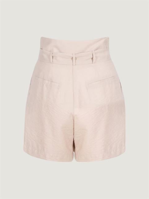 Düğmeli Kuşaklı Yüksek Bel Rahat Kesim Şort - Bej