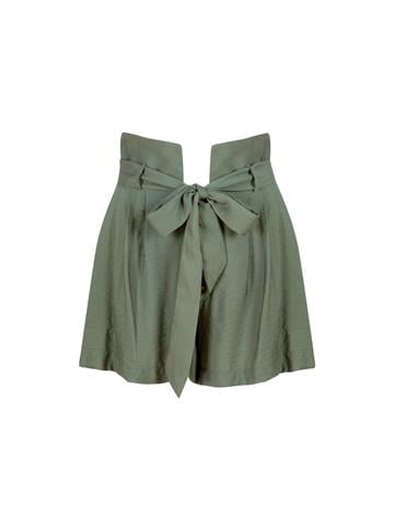 Düğmeli Kuşaklı Yüksek Bel Rahat Kesim Şort - Haki