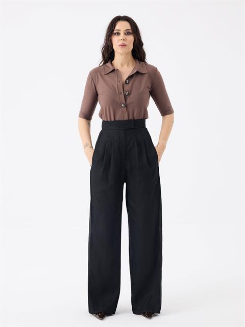 Düğmeli Polo Yaka T-shirt - Kahve