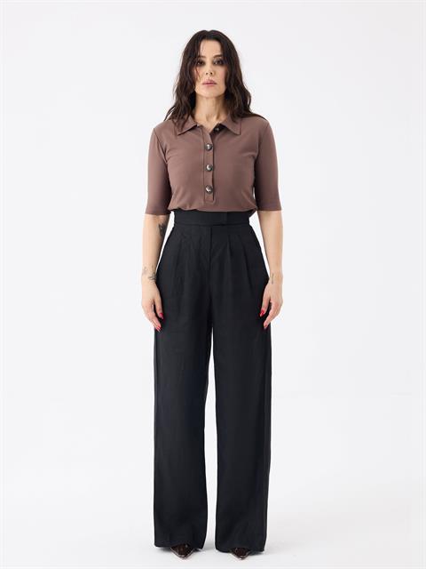 Düğmeli Polo Yaka T-shirt - Kahve