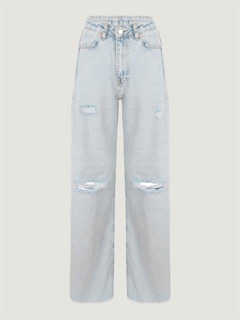 Eskitme Detaylı Bol Paça Jean Pantolon - Mavi