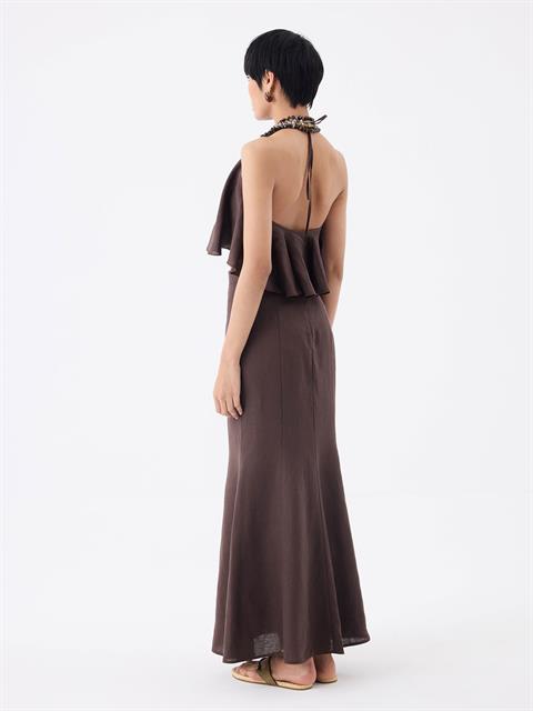 Fermuar Kapatmalı Maksi Keten Etek - Kahve