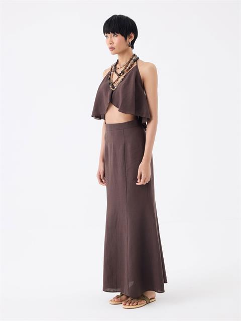Fermuar Kapatmalı Maksi Keten Etek - Kahve