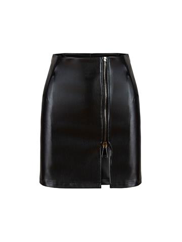 Fermuarlı Vegan Mini Deri Etek - Siyah