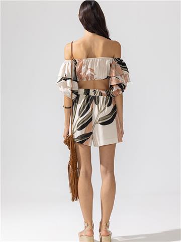 Fırfırlı Lastikli Crop Top - Bej Desenli