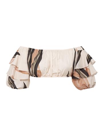 Fırfırlı Lastikli Crop Top - Bej Desenli