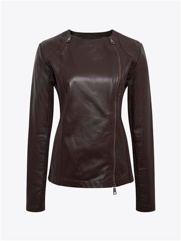 Garni Detaylı Dar Kesim Deri Ceket - Kahve
