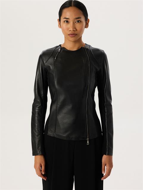 Garni Detaylı Dar Kesim Deri Ceket - Siyah
