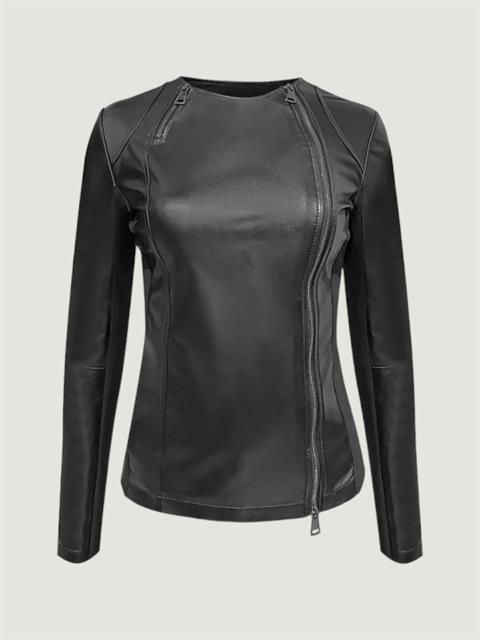 Garni Detaylı Dar Kesim Deri Ceket - Siyah