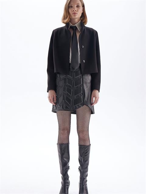 Özel Kesim Deri Etek - Siyah