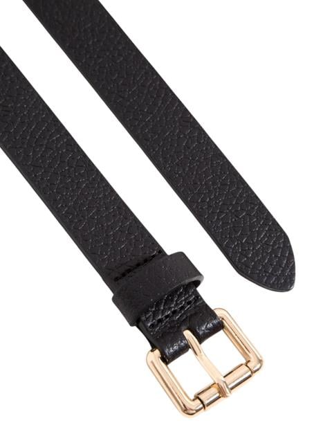 Gold Kaplama Kare Metal Tokalı İnce Deri Kemer - Siyah