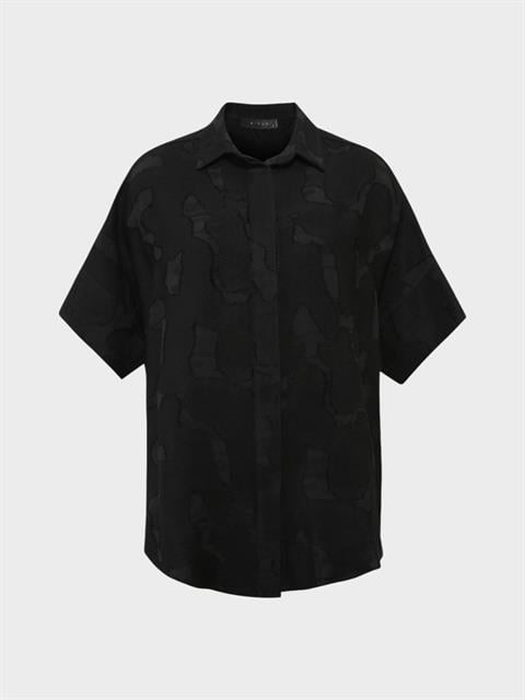 Jakarlı Kısa Kol Oversize Gömlek - Siyah