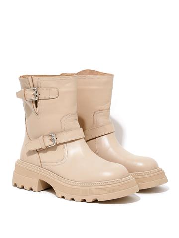 Gümüş Tokalı Uzun Deri Bot - Bej