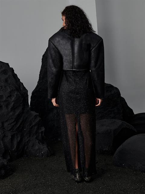 İçi Kürklü Deri Crop Ceket - Siyah