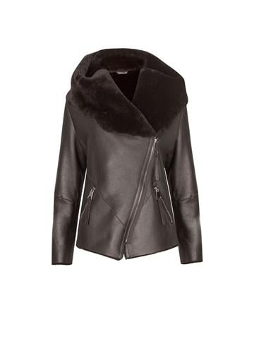 İçi Merinos Kürk Dışı Deri Kapüşonlu Kaban - Siyah