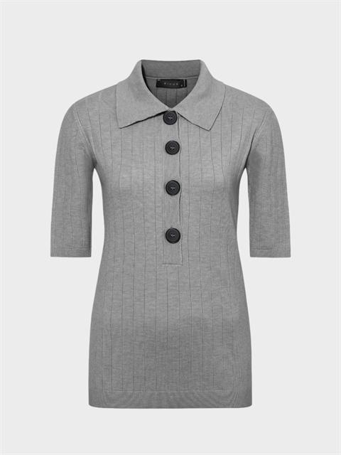 Düğmeli Yakalı Truvakar Kollu Örme Bluz - Gri