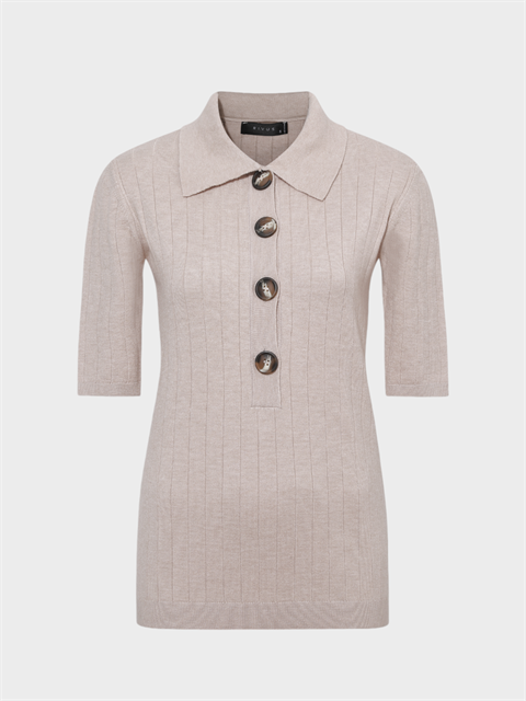 Düğmeli Yakalı Truvakar Kollu Örme Bluz - Bej